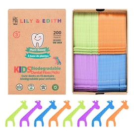 LILY & EDITH Palillos de hilo dental biodegradables para niños (200 unidades), sin flúor, de origen vegetal, con divertidos animales, hilo ultrarresistente, cero residuos.