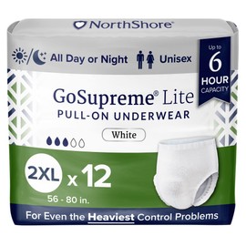 NorthShore GoSupreme Lite Incontinence Underwear, 6-Hour Pullup Style, 2X-Large, 12 Count Bag, White, 56-80 inches, Unisex Adult Diapers