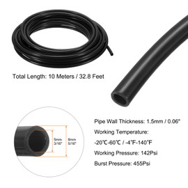 sourcing map Pneumatic Tubing Pipe Pu Hose 8mm OD x 5mm ID 10 Meters(32.8 FT) Air Compressor PU Polyurethane Line Hose Tube for Air Compressor Water Fluid Transfer, Black
