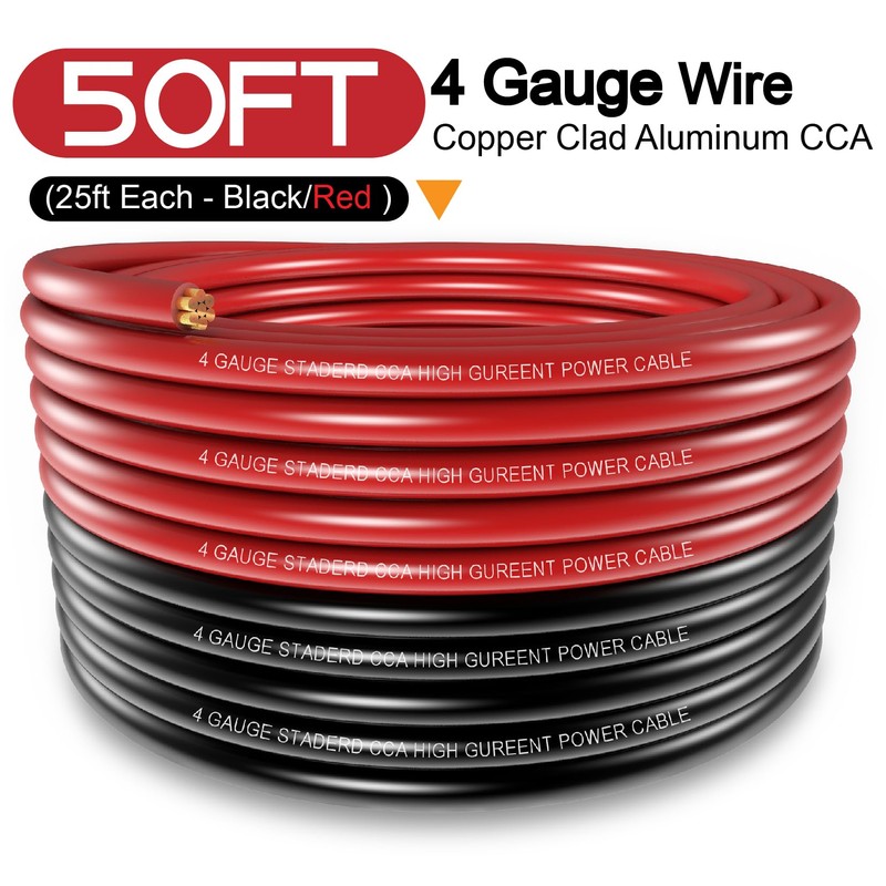 4 Gauge Wire (25ft Each- Black/Red) Copper Clad Aluminum CCA,20pcs