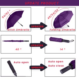 MRTLLOA 49/54/62 Inch Large Folding Golf Umbrella, Oversize Double Canopy Vented 10 Ribs Windproof Compact Travel Umbrellas for Rain(54 Inch, Purple)