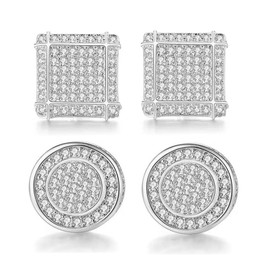Gold Earrings for Men, Cubic Zirconia Stud Earrings for Women, Round Square Hypoallergenic Earrings,14K Gold Plated Earrings Set for Hip Hop (Ear08-Silver)