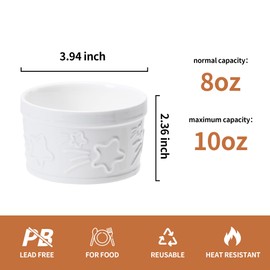 REANRO 10 oz Ramekins with Lid Set of 6, Porcelain Creme Brulee Souffle Bowls, White Pudding Cups Ramiken Oven Safe for Baking (White, Meteor)