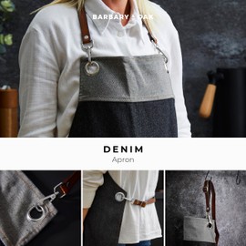 BO877000 Barbary & Oak Denim Apron with Leather Details, Adjustable Straps, 4 Pockets, Blue