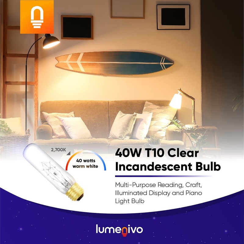 lumenivo Piano Light Bulb 40 watt 120 Volts 一 40T10/CL
