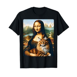 Mona Lisa's Feline Companion: Maine Coon Cat Artwork T-Shirt for Men Women Kids