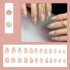 24 Pcs White French Press on Nails Short Almond WLGDLH Nude Fake Nails with Golden Ripples Designs Glossy False Nails Full Cover Acrylic Nail Art Tips Cute Glue on Nails for Women Manicure