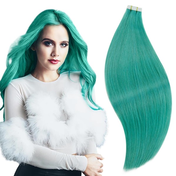 RUNATURE Tape in Hair Extensions Teal Human Hair 16 Inch Tape in Human Hair Extensions Natural Teal Hair Extensions Skin Weft Glue in Remy Hair 10pcs 25g