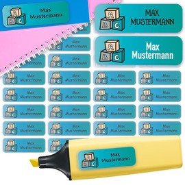Sunnywall® Customisable Name Stickers - 4.8 x 1.6 cm - Pack of 60 - for School and Nursery Children - Choice of 38 Backgrounds, 61 ABC contactors