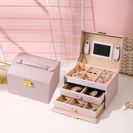 LSDZHK Portable three-layer jewellery box high-grade with lock PU leather drawer earrings earrings jewellery storage (Sakura Pink)