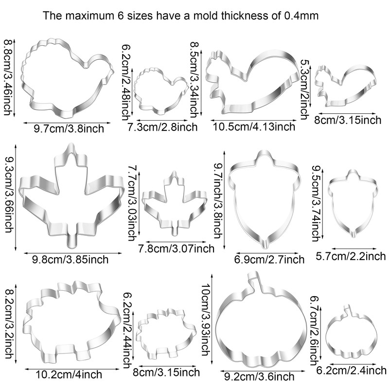 MrCookie Large Fall/Thanksgiving Cookie Cutters Set,12pc,Stainless Steel.