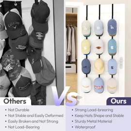 SWTYMIKI Over Door Hat Rack - 3 Packs Metal Hanging Hat Organizer with 12 Hooks Design, Baseball Cap Hanger Organizer Storage Holds up to 60 Caps for Door, Bedroom, Closet