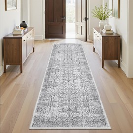 Washable 2x8 Runner Rug - Non Slip Vintage Kitchen Runner Rugs Low-Pile Distressed Long Rugs for Hallway Waterproof Medallion Indoor Carpet for Living Room Bedroom Entryway 2'x8' Grey
