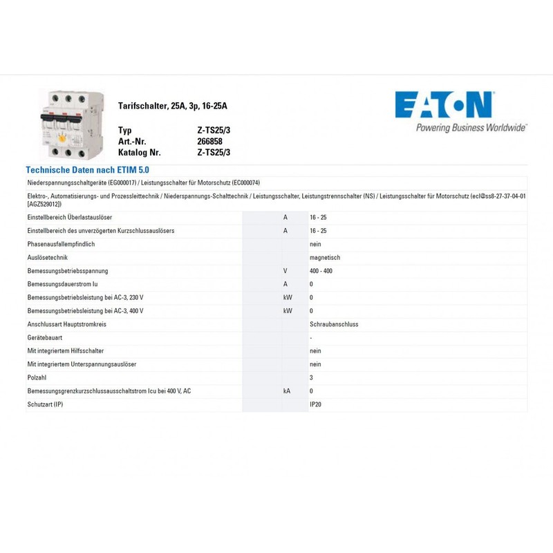 Eaton Z DMC-TS25/3 Pay Circuit Breaker 25 A 3-pin 16