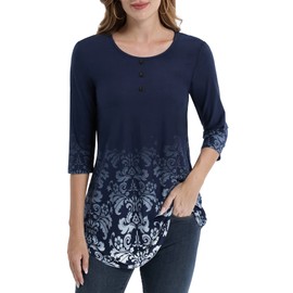 BAISHENGGT Women's 3/4 Sleeve Tunic Tops Floral Print Casual Flare Swing Blouse Buttons Up T Shirts Dark Blue Floral M