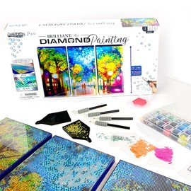 ArtSkills Diamond Painting Kit, Diamond Art Ready to Hang Framed Canvas with Storage and Accessory Kit, Midnight in The Park, 3 Stretched Canvas Panels, 14” x 7” Each