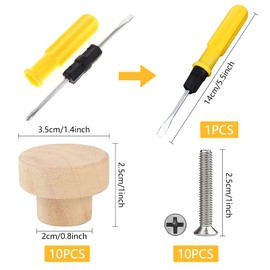 Leonshco Pack of 10 Wooden Furniture Knobs - Natural Solid Cabinet Handles Wooden Cabinet Knob - Drawer Knobs - Handles Dresser with Screwdriver - Easy to Assemble / Smooth and Delicate - 25 x 35 mm