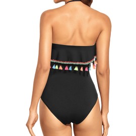 Holipick Black with Tassel Strapless One Piece Swimsuits for Women Tummy Control Bandeau Bathing Suits Ruffle Slimming Swimwear X-Large
