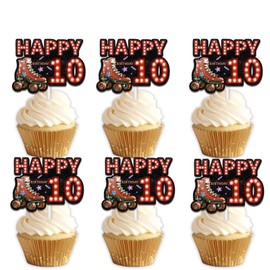 18pcs Red Glitter Neon Light Happy Birthday 10 Roller Skates Dessert Cupcake Topper Pick for 80s 90s Retro Hip Hop Roller Skating Theme Decor Supplies Boys Girls Happy 10th Birthday Party Decorations