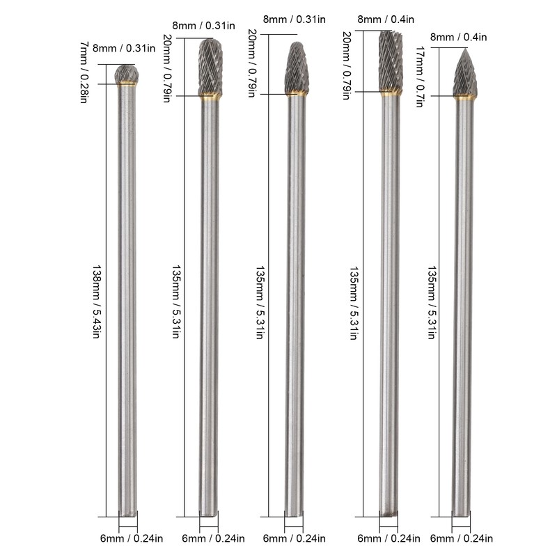 5pcs Rotary Tool Carbide Burr Set 150mm Double Grain Long