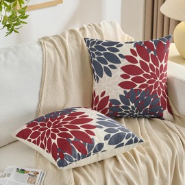 Cushion Cover Red and Grey Cushion 40 x 40 cm Decorative Cushion Covers Linen Dahlia Flowers Outdoor Cushion Sofa Cushion Decorative Cushion Cover for Couch Sofa Bed Garden Set of 2