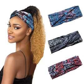 Boho Criss - Diadema ancha cruzada para mujer, banda ancha para el cabello bohemio, elástica, para yoga, entrenamiento, diadema (F)