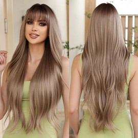 Allbell Blonde Wigs for Black Women, 26 Inch Long Wavy Ombre Brown Wigs with Bangs, Synthetic Wig Hair Replacement Wigs