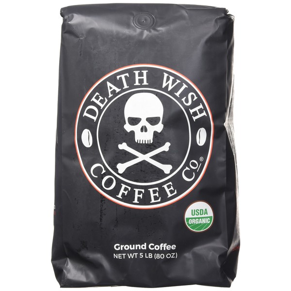 Death Wish Coffee Dark Roast Grounds - 5 Lbs. The World's Strongest Coffee, Bold Intense Blend of Arabica & Robusta Beans - USDA Organic Ground Coffee - Dark Coffee Double Caffeine for Morning Boost