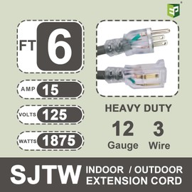 EP 6 Ft Lighted Outdoor Extension Cord - 12/3 SJTW Heavy Duty Grey Extension Cable with 3 Prong Grounded Plug - Power Cord for Lawn, Garden, Appliances