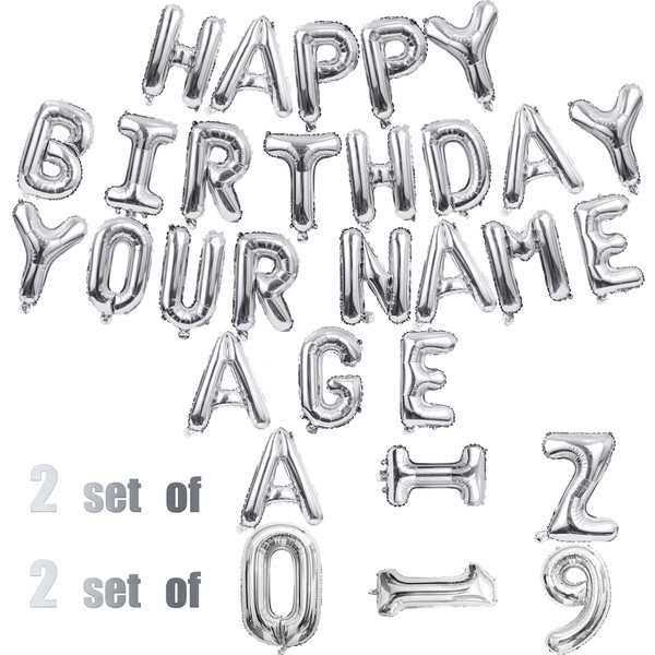 85 Pcs Personalized Name Happy Birthday Balloons Letters, 16inch Silver Custom Name & Age Happy Birthday Balloons Banner with 2 Sets A-Z and 2 sets 0-9 Mylar Foil Birthday Party Decorations Supplies