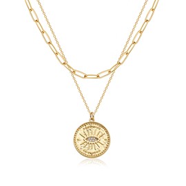 Fettero Pendant Necklace 14K Gold Plated Evil Eye Pendant Dainty Chain Necklace for Women Layering Necklaces Good Luck Jewelry Gifts