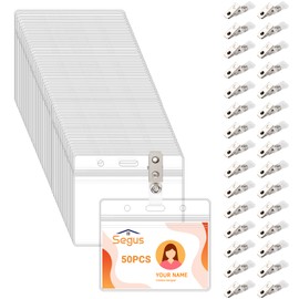Segus ID Card Holder with Clip, Pack of 50 Waterproof ID Card Holders with Clips, Transparent Card Holder for Offices, Exhibition Halls, Schools, Hospitals (Horizontal)