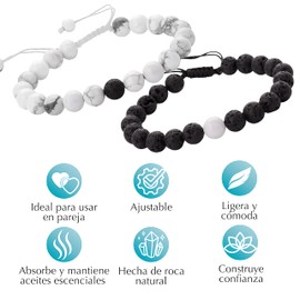 Tarcisio Juego de 2 Pulseras de Roca Volcánica para Hombre y Mujer. Brazalete de roca volcánica para parejas. 8mm. Ajustable. Ideal para parejas. Perfectas para meditación y relajación. Lava Rock Bracelet.