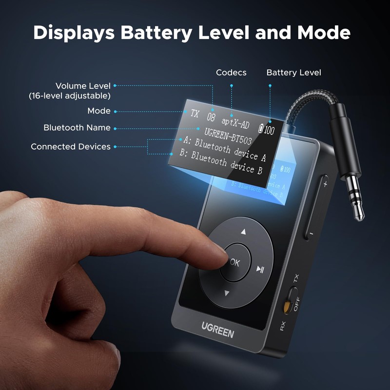 UGREEN Bluetooth 5.3 Transmitter Receiver with aptX, 32H Long Playtime,