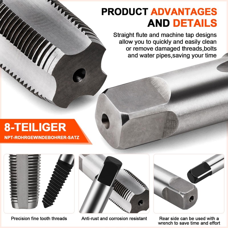 8 Piece NPT Pipe Tap Set (1/8" to 3/4") with