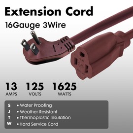 PALARINE Indoor Flat Plug Brown Extension Cord 12ft, UL Listed, 16/3 SJTW 3 Prong Heavy Duty Extension Cord, 16 Gauge 13A Power Extension Cord for Lights, Appliance, Home, Office
