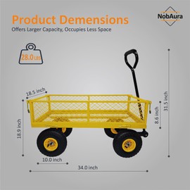 NobAura 300 LBS Garden Cart, Yellow Heavy Duty Versatile Wagon Cart, Steel Mesh Lawn Cart with Removable Sides and 180° Rotating Smooth Handle, 10 Inch Tires, for Lumber, Soil Bags, Tools
