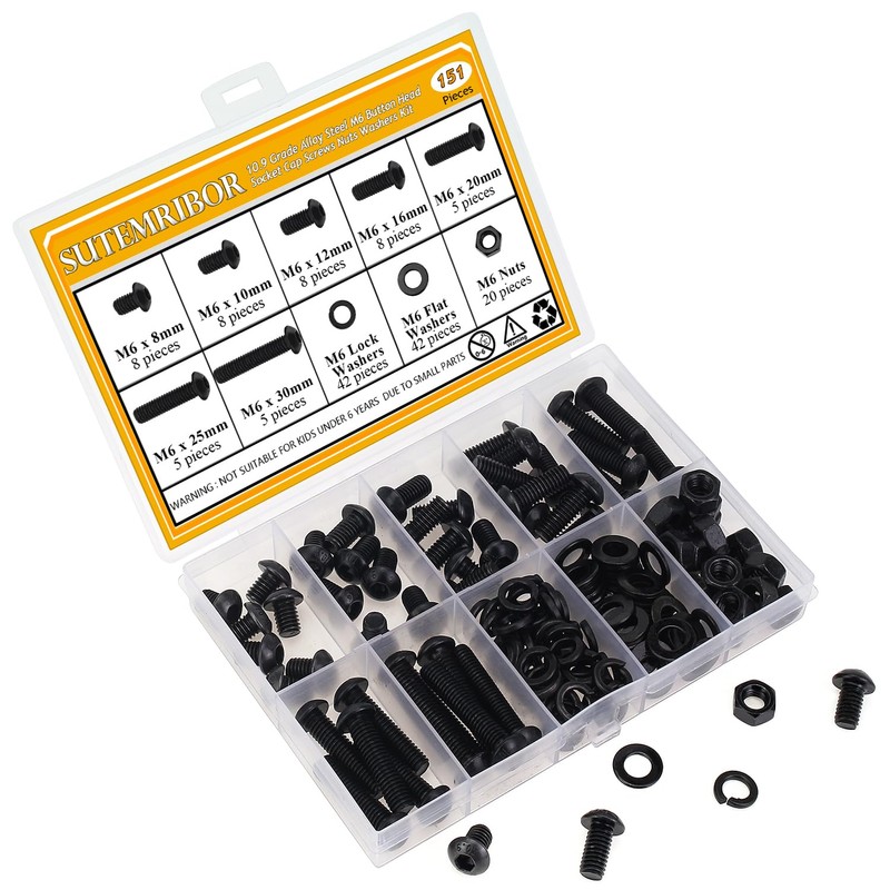 151 Pieces M6 Screws Nuts Washers Set Black, Sutemribor M6