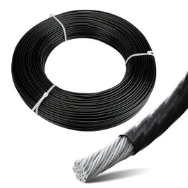Muzata 300ft Wire Rope Black Vinyl Coated 3/32" Overmolded to 1/8" Stainless Steel Aircraft Cable 7x7 Strand Outdoor Indoor Cable Wire for Clotheline String Lights Hanging DIY WR11