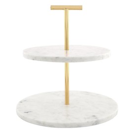 Santa Barbara Design Studio 2-Tiered Marble Tray with Gold Metal Stand Round Serving Tray for Desserts Pastries and Cupcakes, 12" Diameter x 12" H, White/Gold