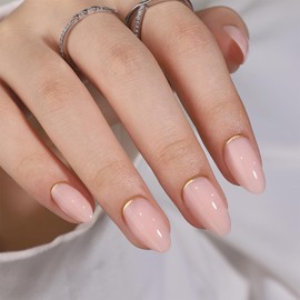 Press On Nails Almond (Gentle Blush) Medium Length Reusable Stick On Nails with Glue in 15 Sizes – 32 Soft Gel Fake Nails Kit