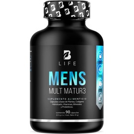 Multivitamínico para Hombre Mayor de 40 años de 90 Cápsulas de 1000 mg por porción. Maca Negra, Semillas de Calabaza, Colágeno, Probioticos. Ingredientes naturales. Mens Mult Matur3 B Life