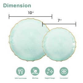 Lullaby 50pcs Clear Green Plastic Plates with Gold Rim, Fancy Disposable Plates include 25pcs Dinner Plate 10”, 25pcs Dessert Plate 7”, Perfect for Party, Wedding, Holiday