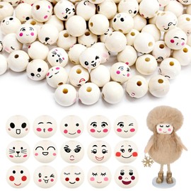 KAOTPO Wooden Beads with Face, Pack of 120 Wooden Balls with Hole, Wooden Beads with 15 Different Smiles for DIY Crafts, Bracelets and Necklaces