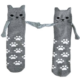 Cat Holding Hands Socks Magnet (1 Pairs, Grey Color) Adult Funny Magnetic Cat Paw Socks