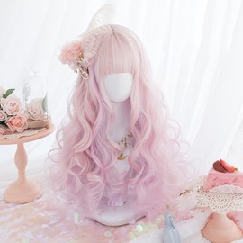 Harajuku Style GAL Wig, Lolita, Cosp Wig, Heat Resistant, Women's (Pink), Mesh, Long, Curly Hair, Bun Hair, Goth Loli, Forest Girl, Cute Princess, Small Face, Party, Costume, Everyday Wig