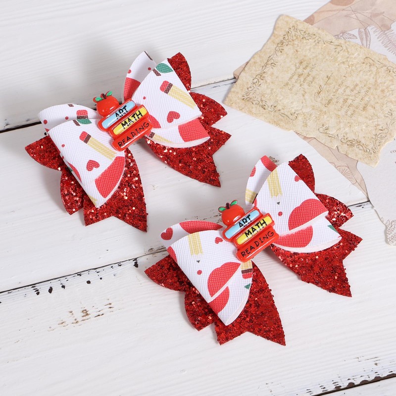 3.5inch Glitter Red Back to School Hair Bow Clip for