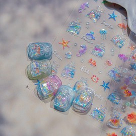 Jelly Nail Art Stickers Shiny Water Ripples Fish Starfish Design 5D Embossed DIY Manicure Decals Adhesive Slider for Women DIY Nail Art Decorations