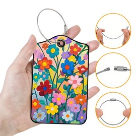 Qrifaro 2 Pack Wildflowers Leather Luggage Tags for Suitcases, Travel Bag Tags with Privacy Cover ID Label with Stainless Steel Loop for Women Men Girls Backpack Gift (Red Blue)