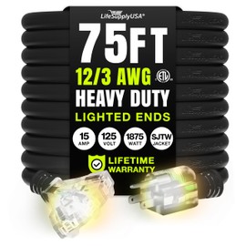 75ft Outdoor/Indoor Extension Cord 3-Outlet 12/3 Gauge Extra Heavy Duty ETL Listed, 3 Prong SJTW, Waterproof, Flexible Cold-Resistant Long Power Cord,15A 125V 1875W, Black by LifeSupplyUSA